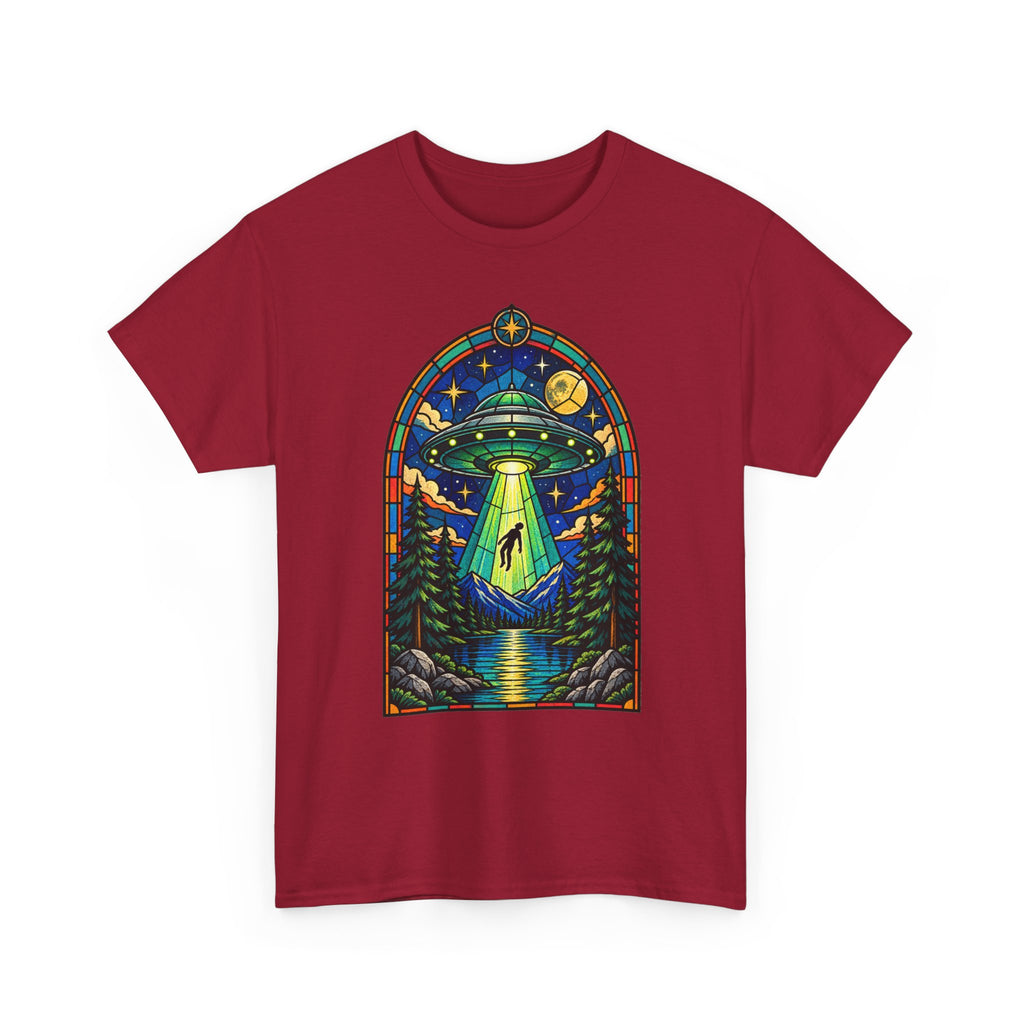 Stained Glass UFO Abduction T-Shirt | Alien Beam, Night Sky, Forest