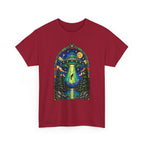 Stained Glass UFO Abduction T-Shirt | Alien Beam, Night Sky, Forest