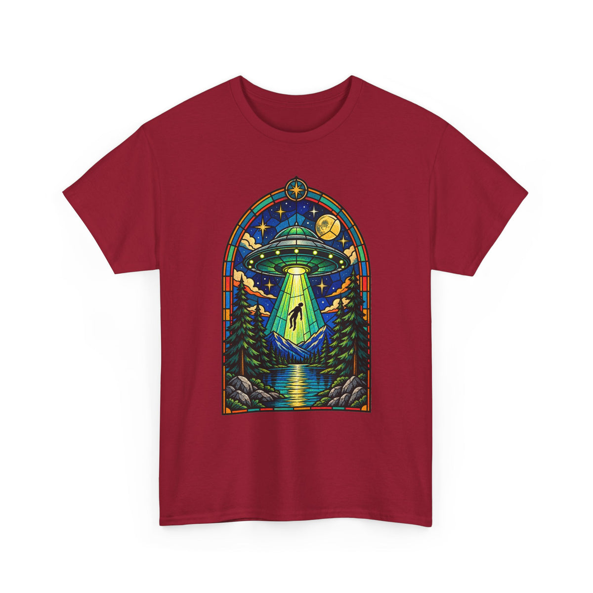 Stained Glass UFO Abduction T-Shirt | Alien Beam, Night Sky, Forest