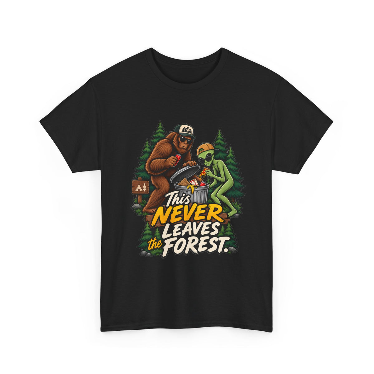 Bigfoot and Alien Illustration Tee | This Never Leaves the Forest, Forest Graphic Shirt