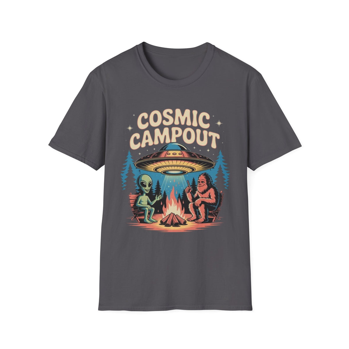 Cosmic Campout T-Shirt — Alien & Sasquatch Campfire Graphic Tee