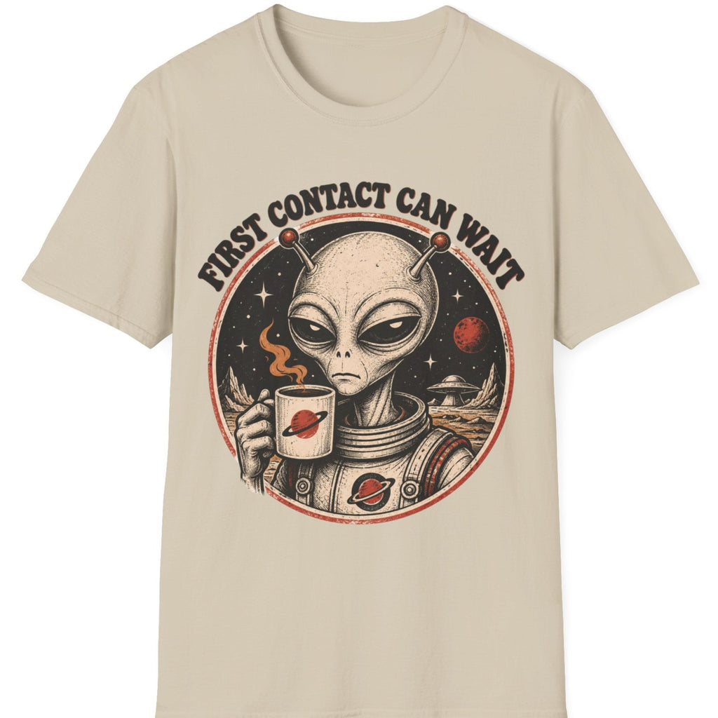Alien Astronaut T‑Shirt - "First Contact Can Wait" Coffee Space Tee