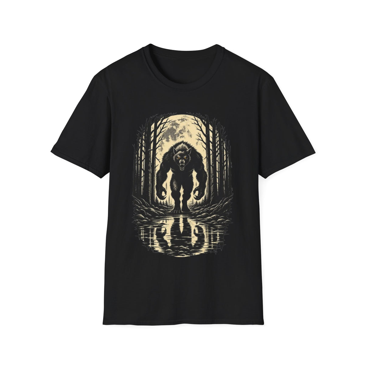 Bigfoot Moonlight T-Shirt — Sasquatch Woodland Reflection Tee