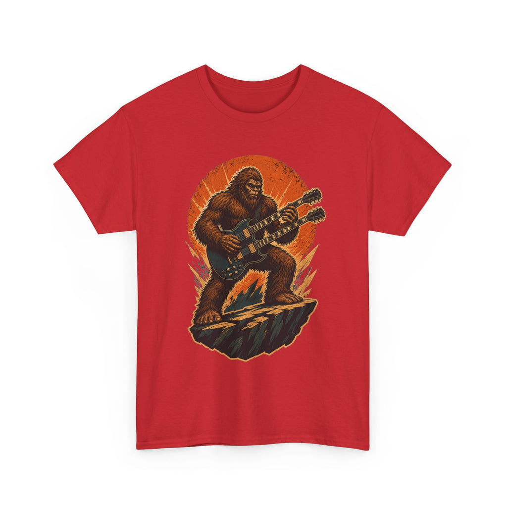 Sasquatch Playing Double-Neck Guitar T-Shirt | Retro Rock Monster Tee