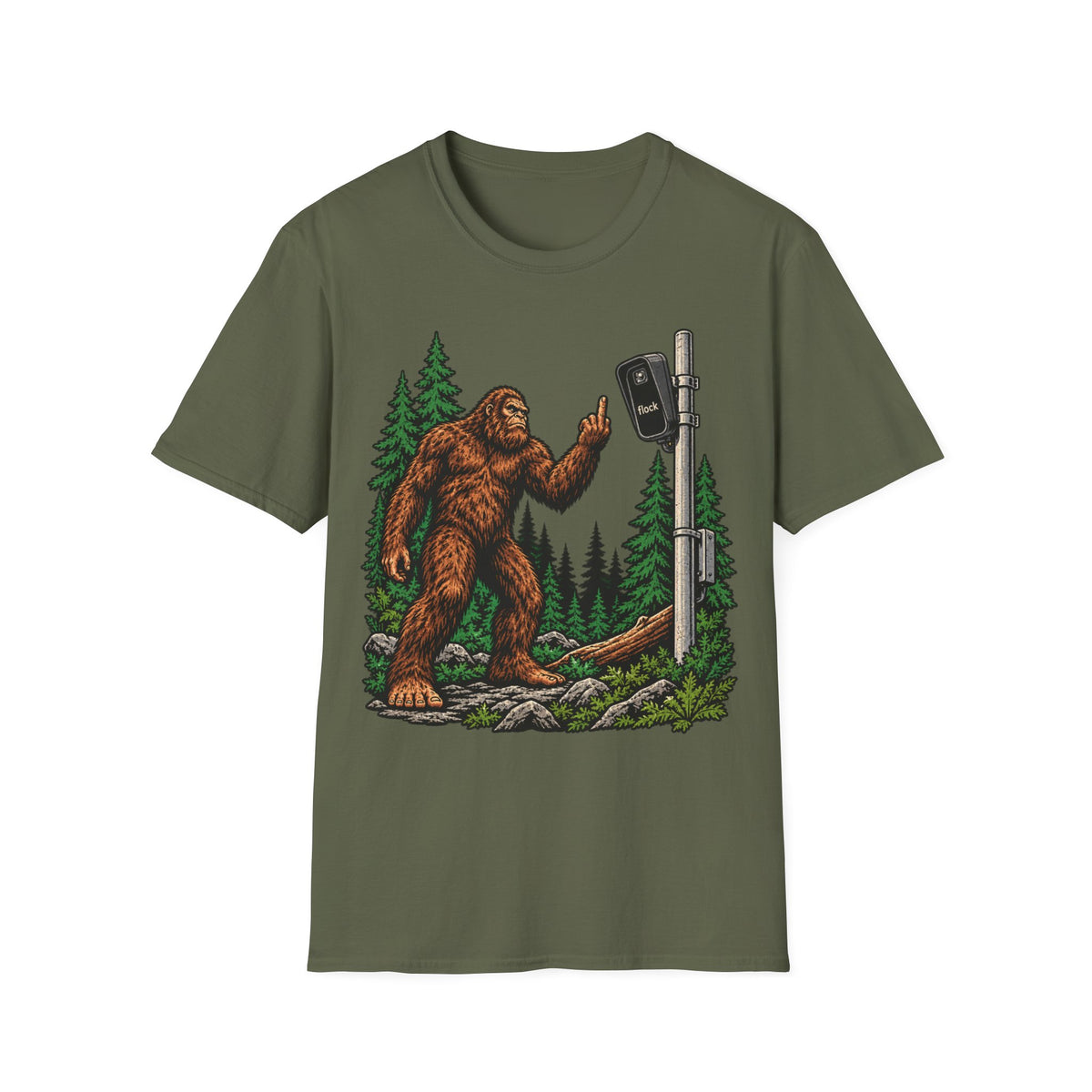 Bigfoot Flipping off flock camera tee