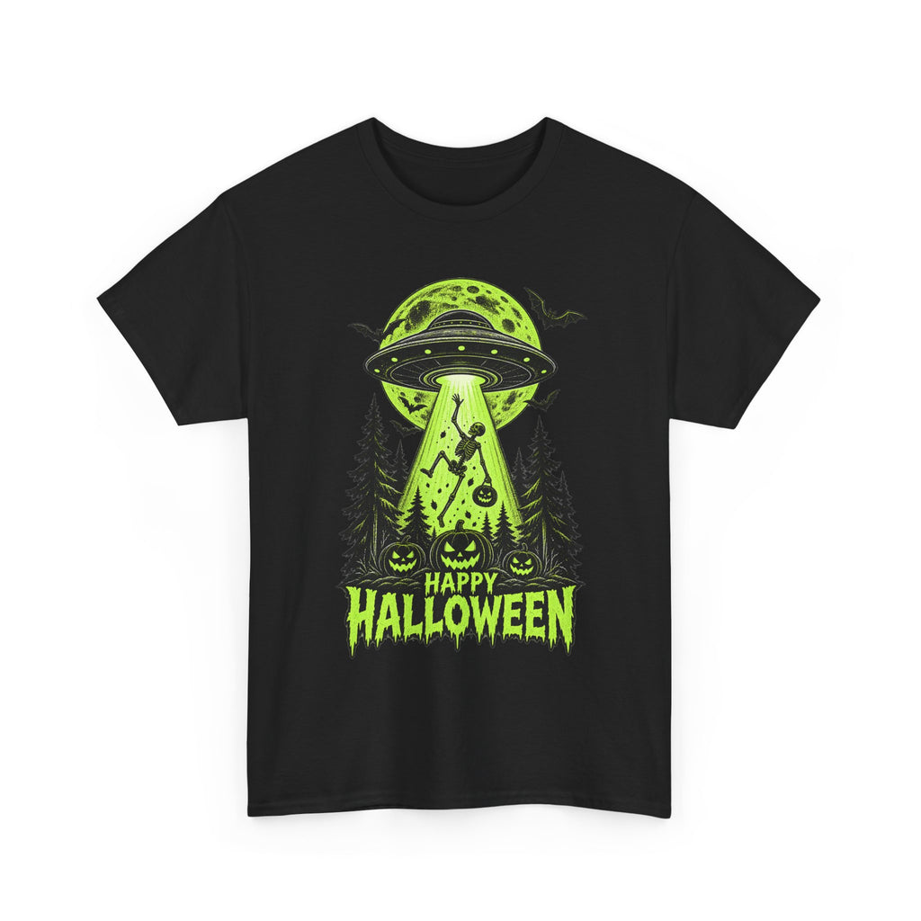 Alien UFO Abduction Halloween T-Shirt | Glow Green Pumpkin Forest