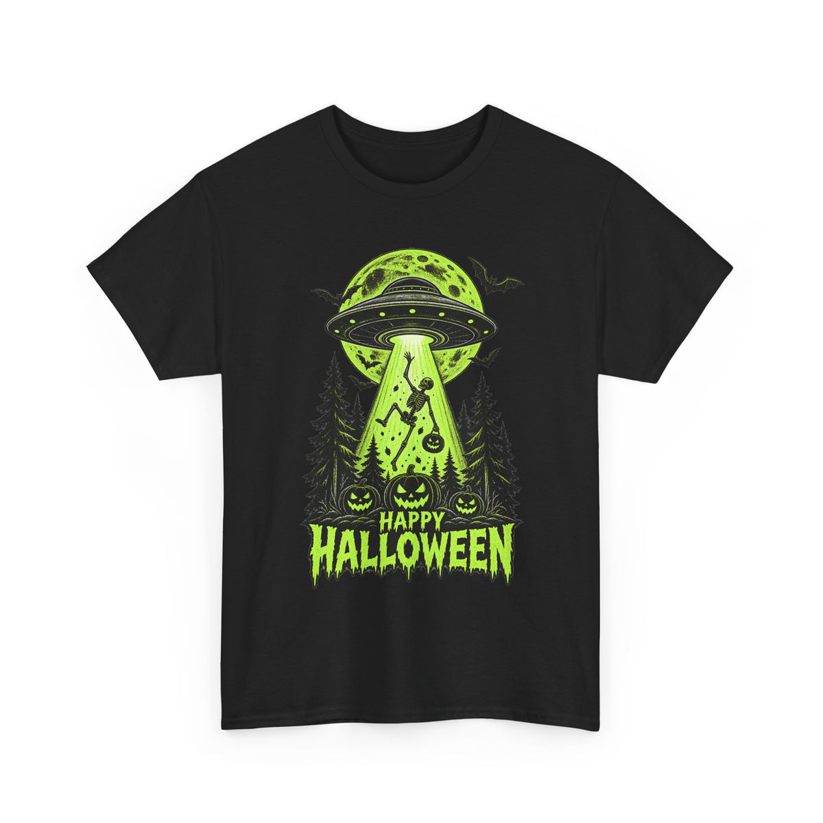 Alien UFO Abduction Halloween T-Shirt | Glow Green Pumpkin Forest