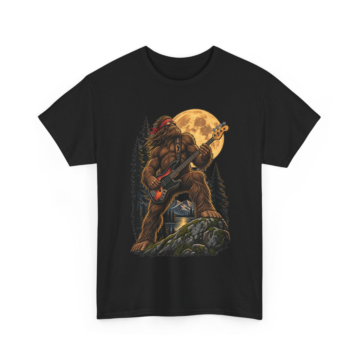 Bigfoot Playing Electric Guitar T-Shirt | Sasquatch Moon Forest Rock Tee