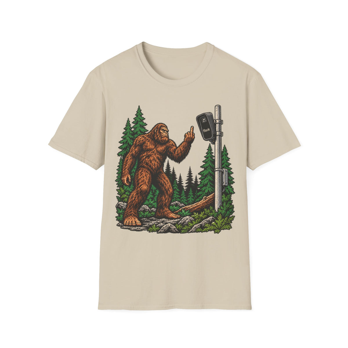 Bigfoot Flipping off flock camera tee