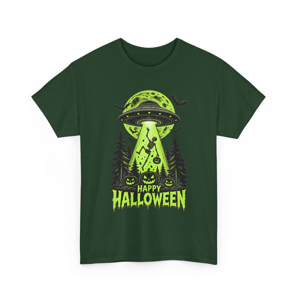 Alien UFO Abduction Halloween T-Shirt | Glow Green Pumpkin Forest