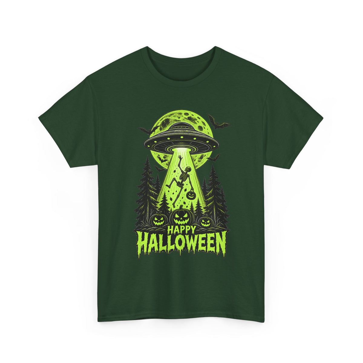 Alien UFO Abduction Halloween T-Shirt | Glow Green Pumpkin Forest