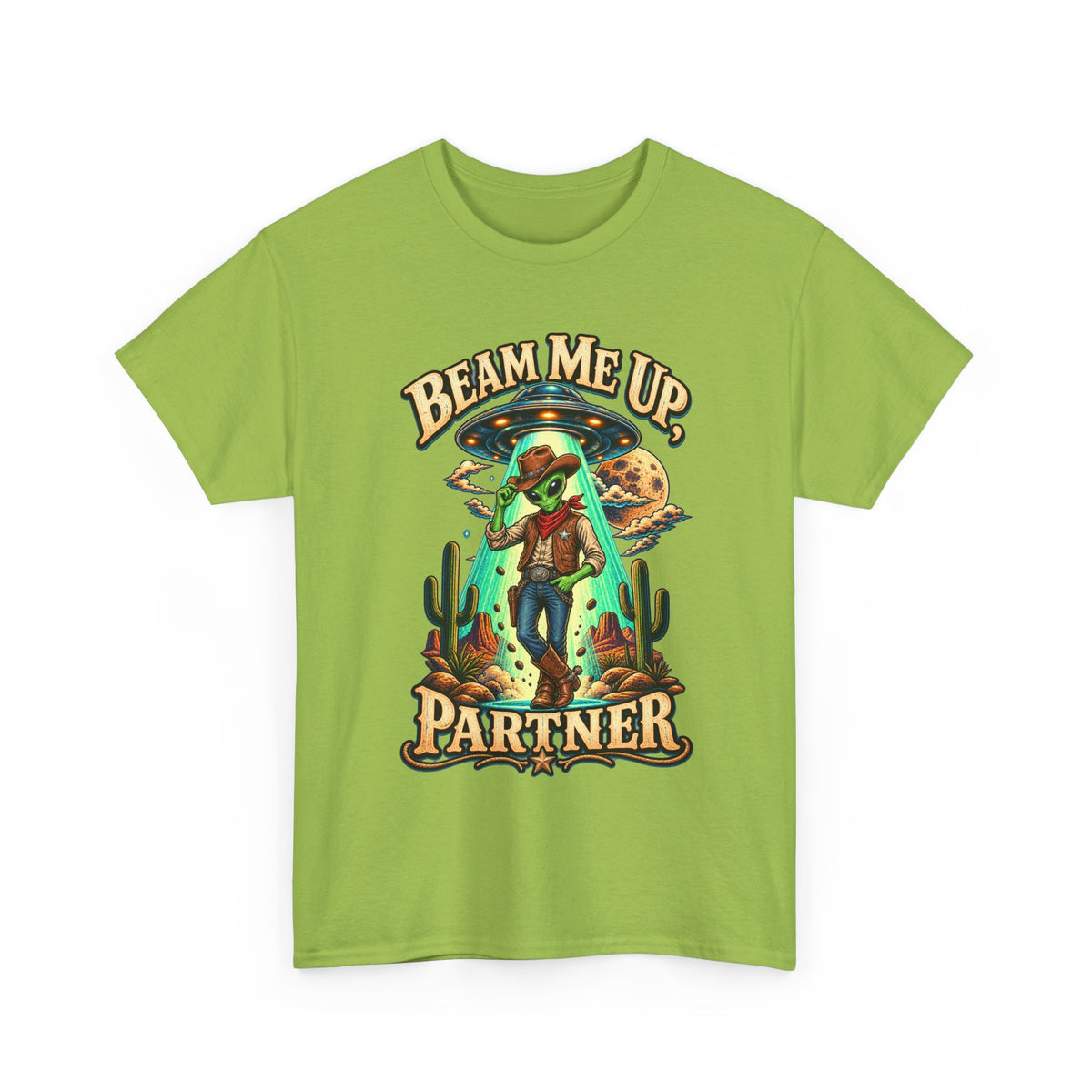 Beam Me Up Partner T-Shirt | Cowboy Alien Desert Illustration