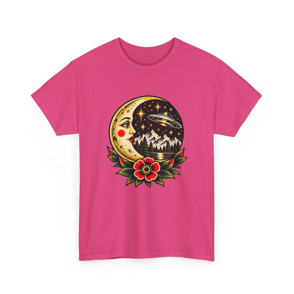 Moon & Forest Tattoo Tee — Vintage Crescent Moon, Night Sky and Flower Graphic T-Shirt