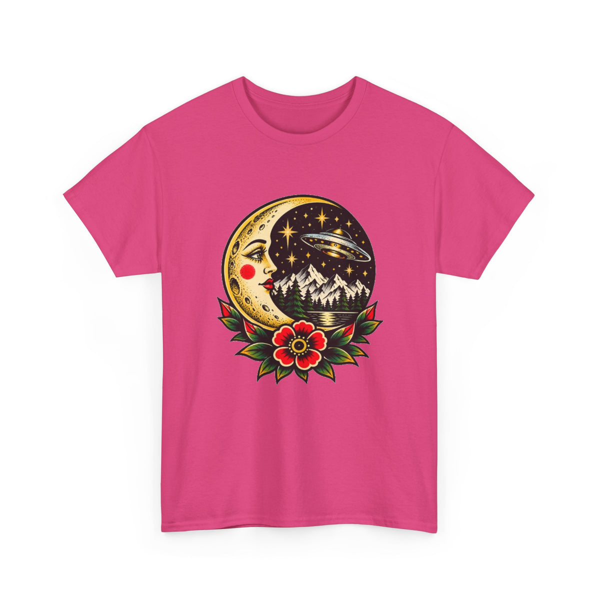 Moon & Forest Tattoo Tee — Vintage Crescent Moon, Night Sky and Flower Graphic T-Shirt