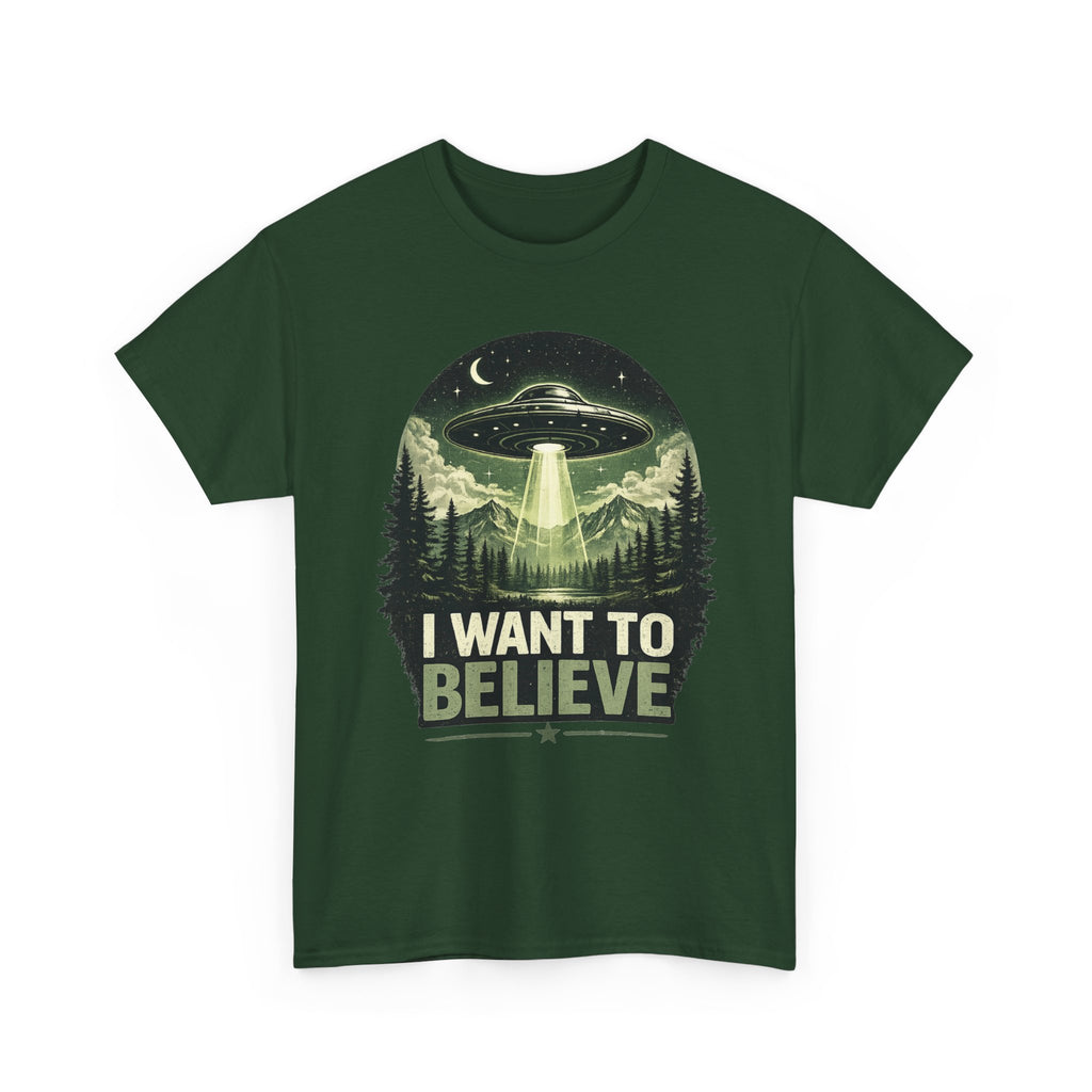 I Want to Believe UFO Tee | Alien Spaceship, Forest Abduction Design