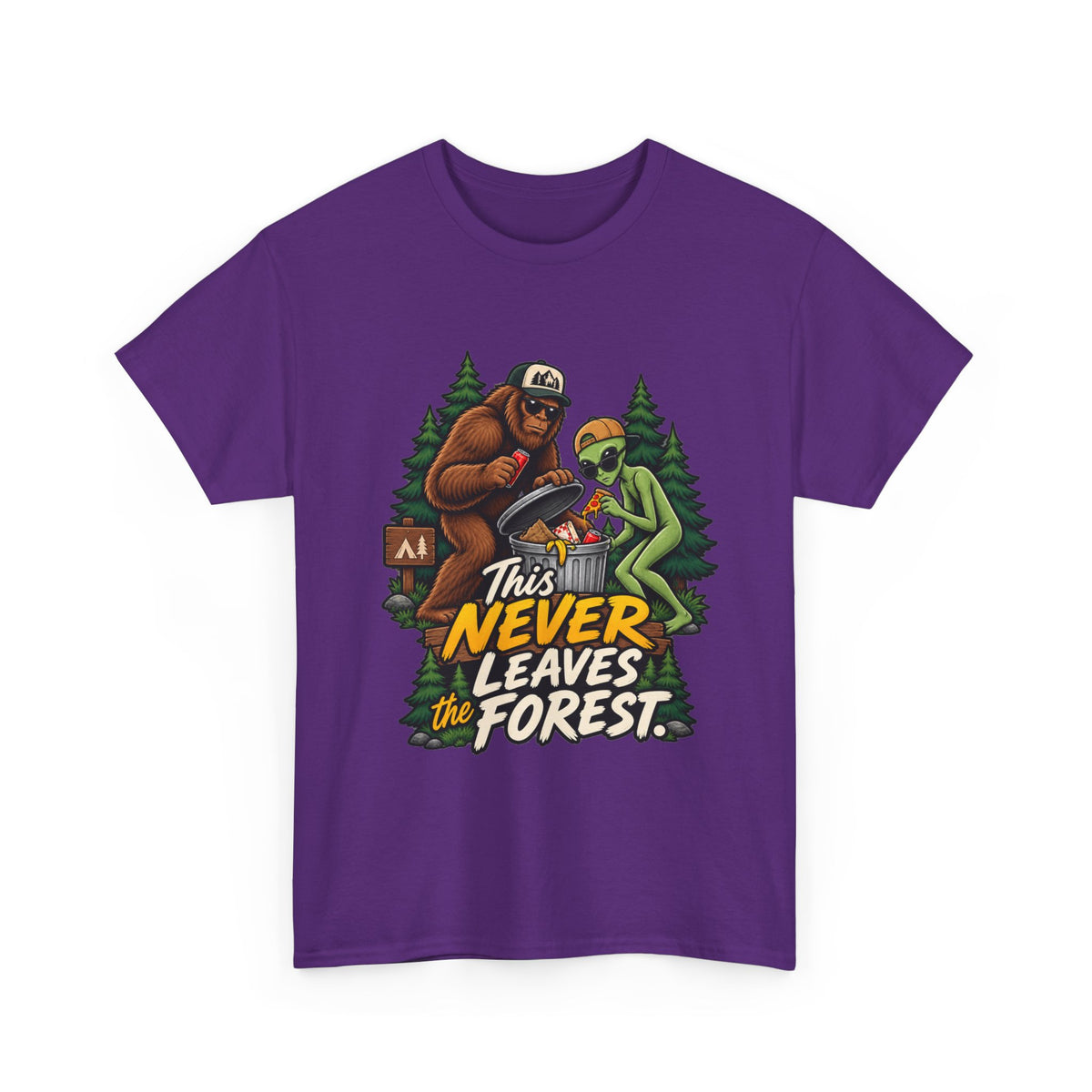 Bigfoot and Alien Illustration Tee | This Never Leaves the Forest, Forest Graphic Shirt