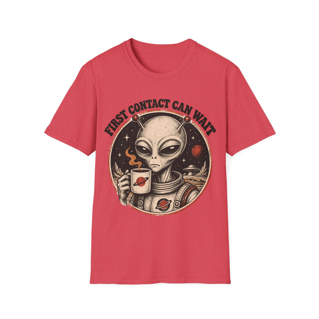 Alien Astronaut T‑Shirt - "First Contact Can Wait" Coffee Space Tee