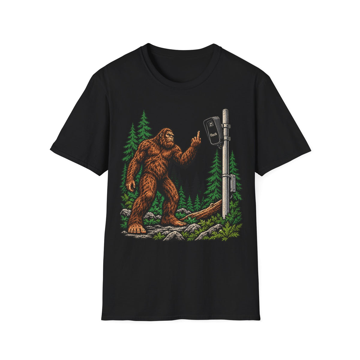 Bigfoot Flipping off flock camera tee