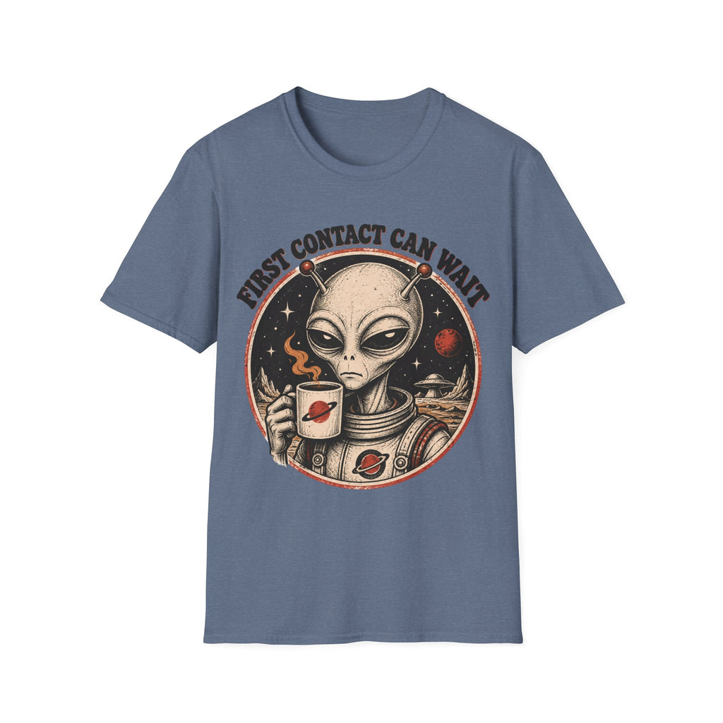 Alien Astronaut T‑Shirt - "First Contact Can Wait" Coffee Space Tee