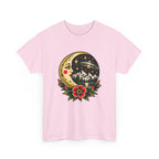 Moon & Forest Tattoo Tee — Vintage Crescent Moon, Night Sky and Flower Graphic T-Shirt