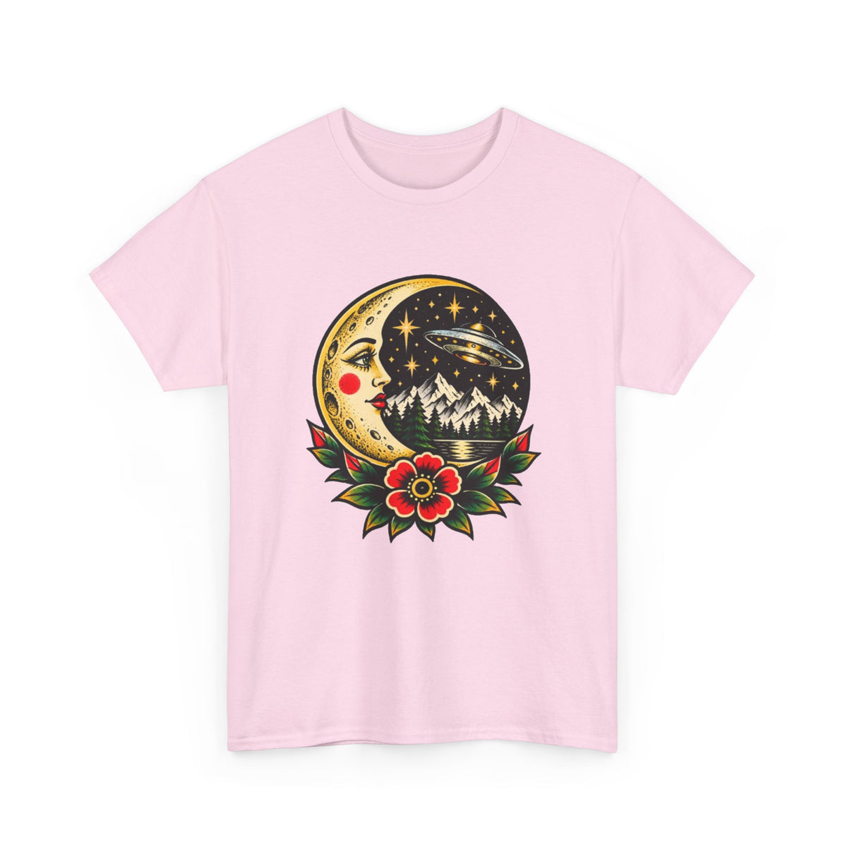 Moon & Forest Tattoo Tee — Vintage Crescent Moon, Night Sky and Flower Graphic T-Shirt