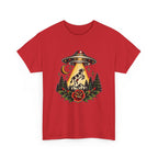 UFO Abduction Tee — Retro Alien Tractor Beam with Deer & Forest Tattoo Art