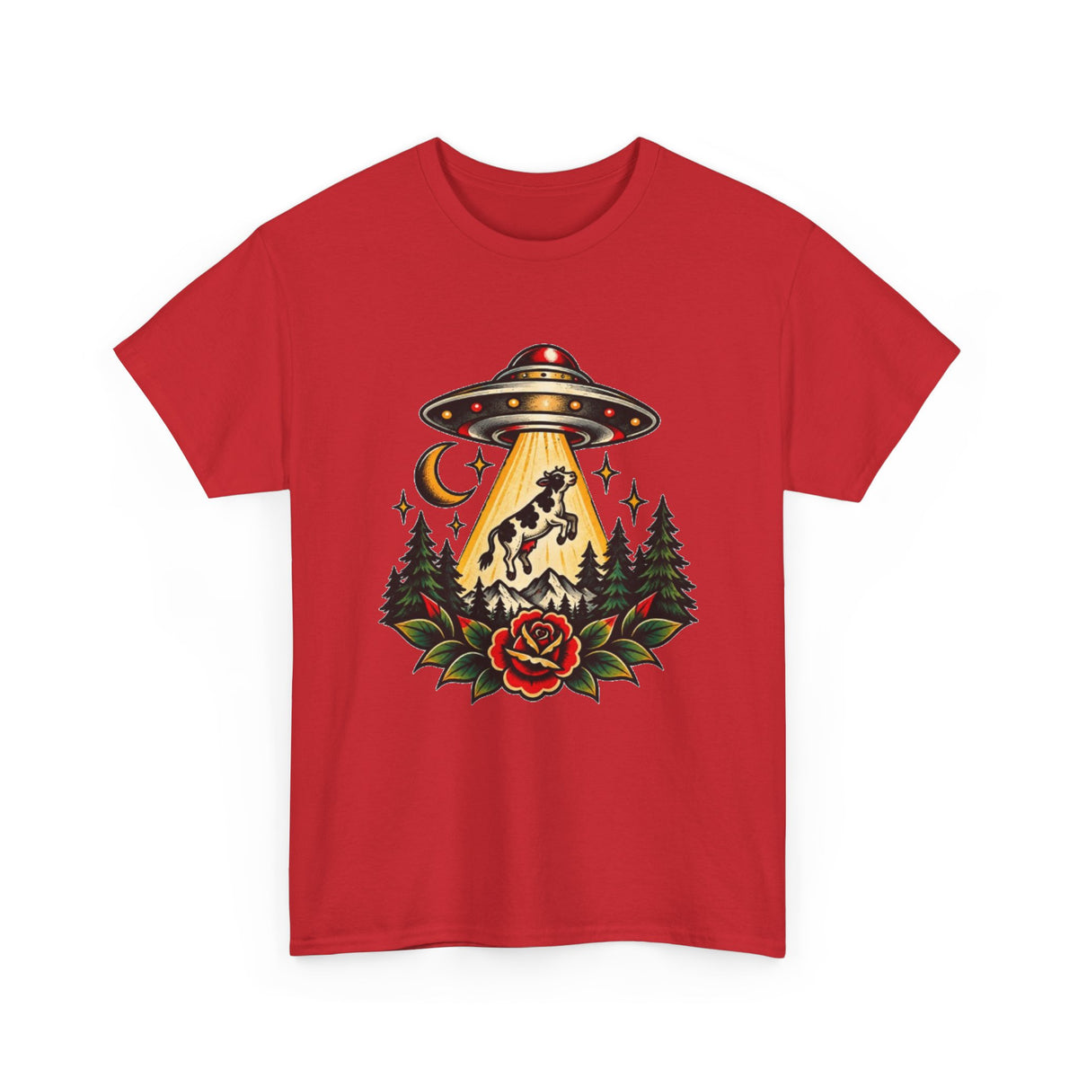 UFO Abduction Tee — Retro Alien Tractor Beam with Deer & Forest Tattoo Art