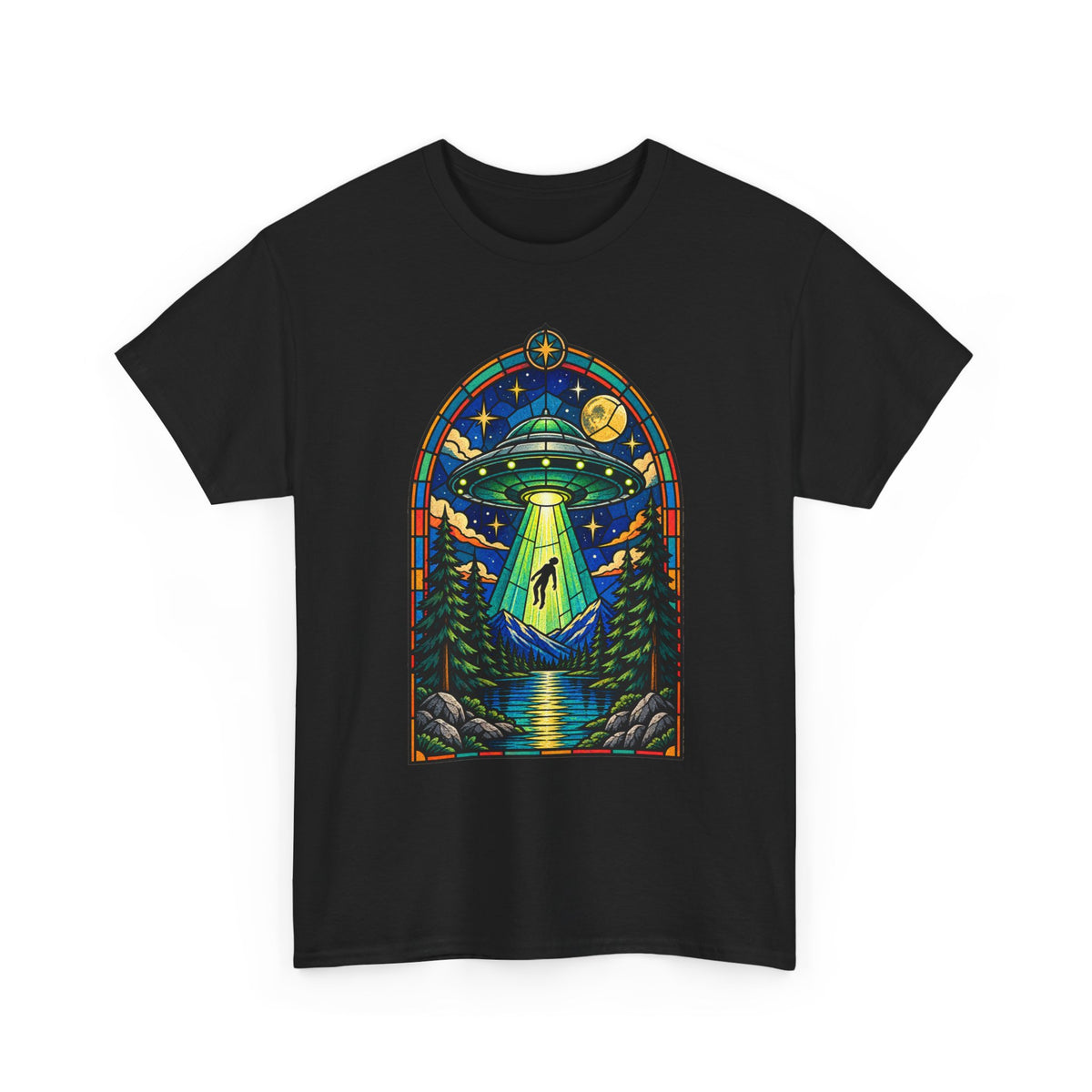 Stained Glass UFO Abduction T-Shirt | Alien Beam, Night Sky, Forest