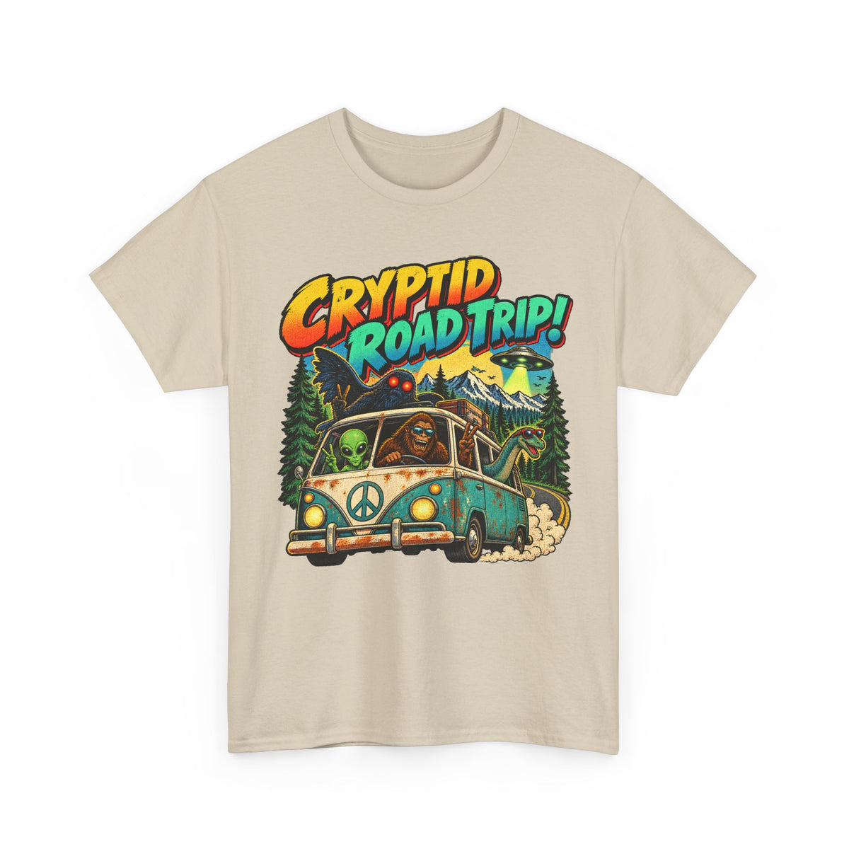 Cryptid Road Trip T-Shirt – Vintage Bigfoot Camper Adventure Tee