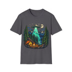 Camping UFO Abduction T-Shirt — Night Forest Tent & Alien Spaceship Graphic