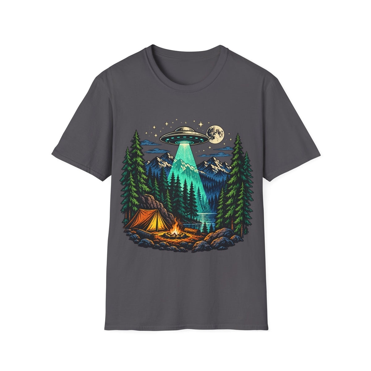 Camping UFO Abduction T-Shirt — Night Forest Tent & Alien Spaceship Graphic