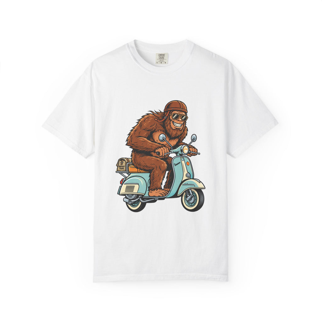 Sasquatch Scooter T-Shirt — Retro Bigfoot Riding Vespa Graphic Tee