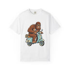 Sasquatch Scooter T-Shirt — Retro Bigfoot Riding Vespa Graphic Tee
