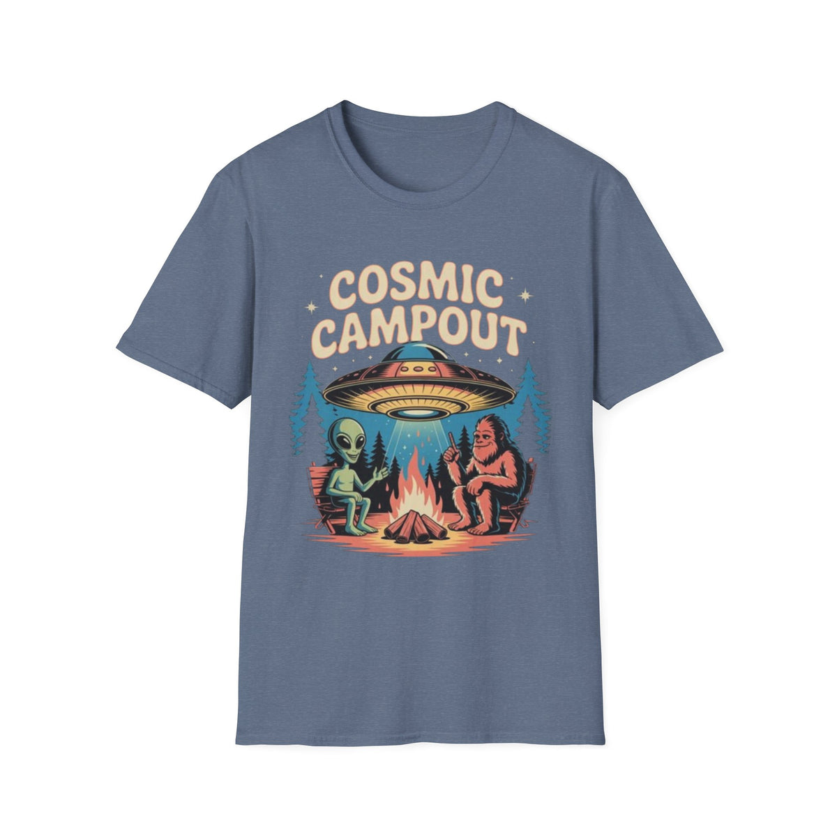 Cosmic Campout T-Shirt — Alien & Sasquatch Campfire Graphic Tee