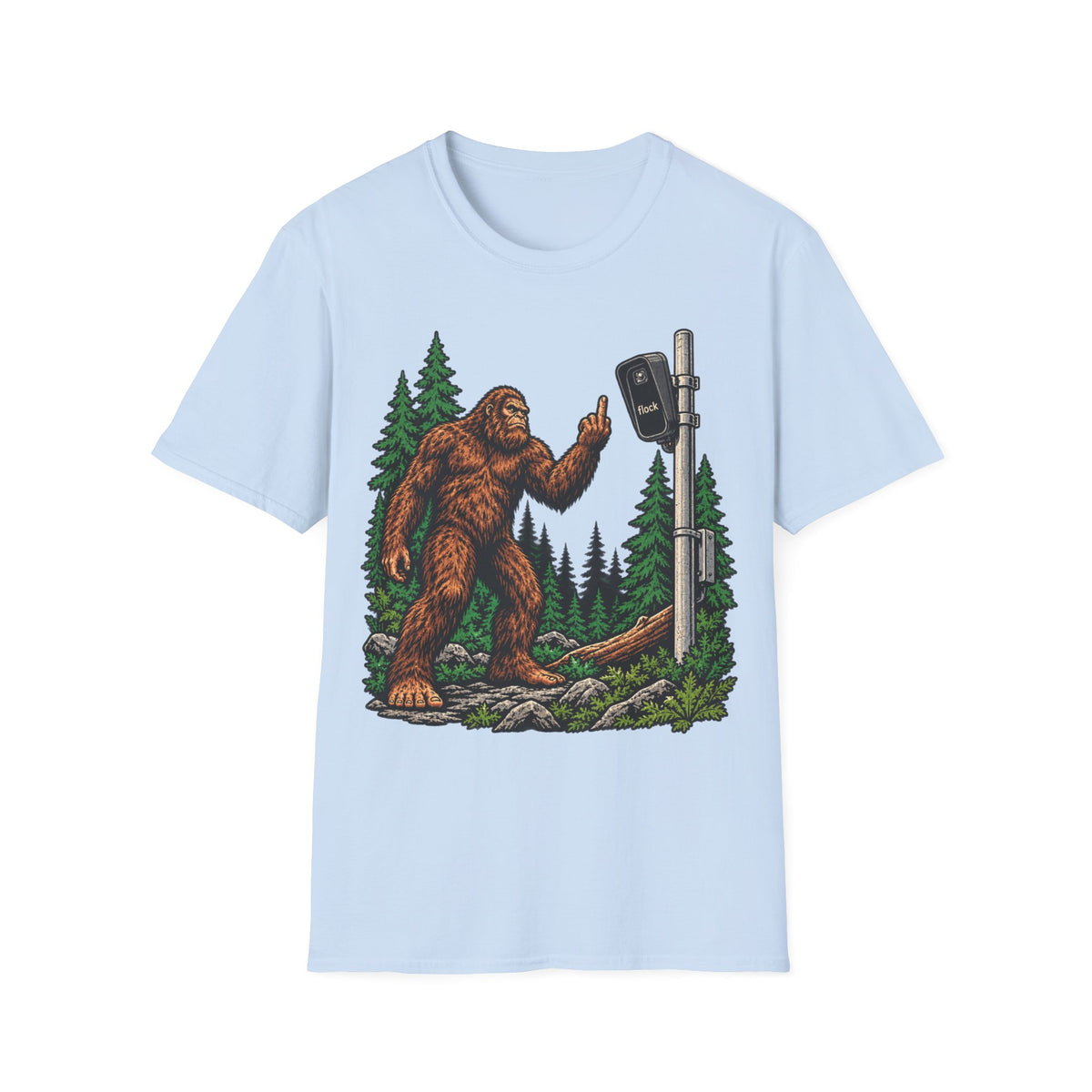 Bigfoot Flipping off flock camera tee
