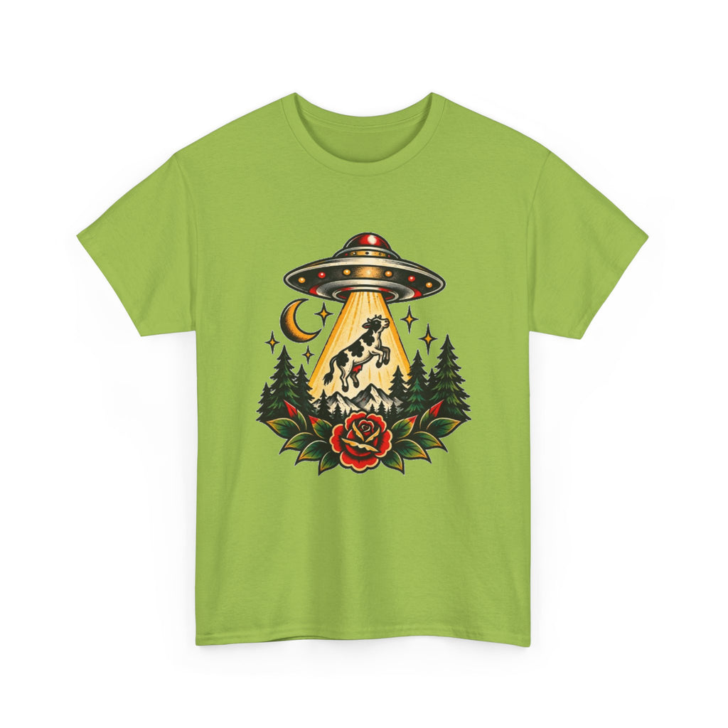 UFO Abduction Tee — Retro Alien Tractor Beam with Deer & Forest Tattoo Art