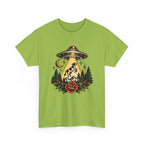 UFO Abduction Tee — Retro Alien Tractor Beam with Deer & Forest Tattoo Art