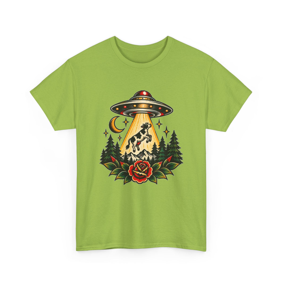 UFO Abduction Tee — Retro Alien Tractor Beam with Deer & Forest Tattoo Art