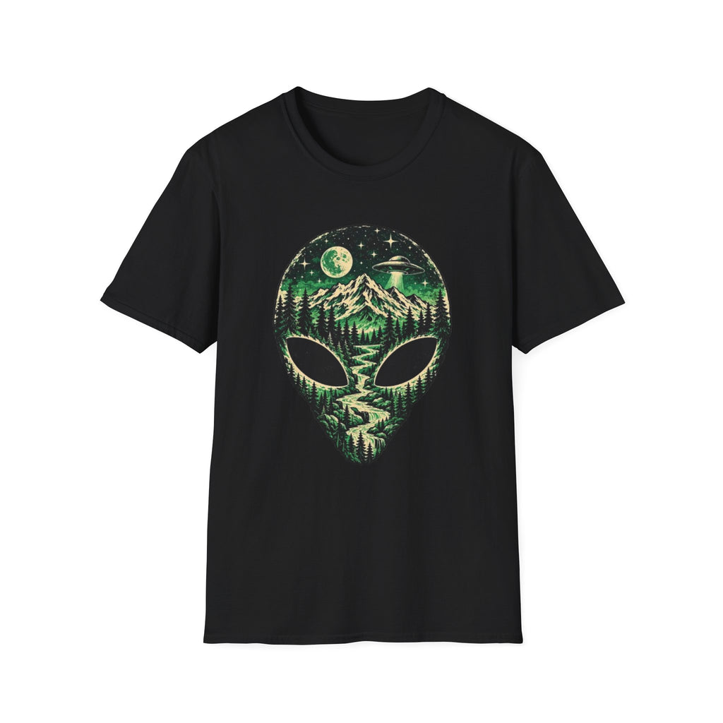 Mystical Mountain Alien T-Shirt – Retro UFO Lover Graphic Tee