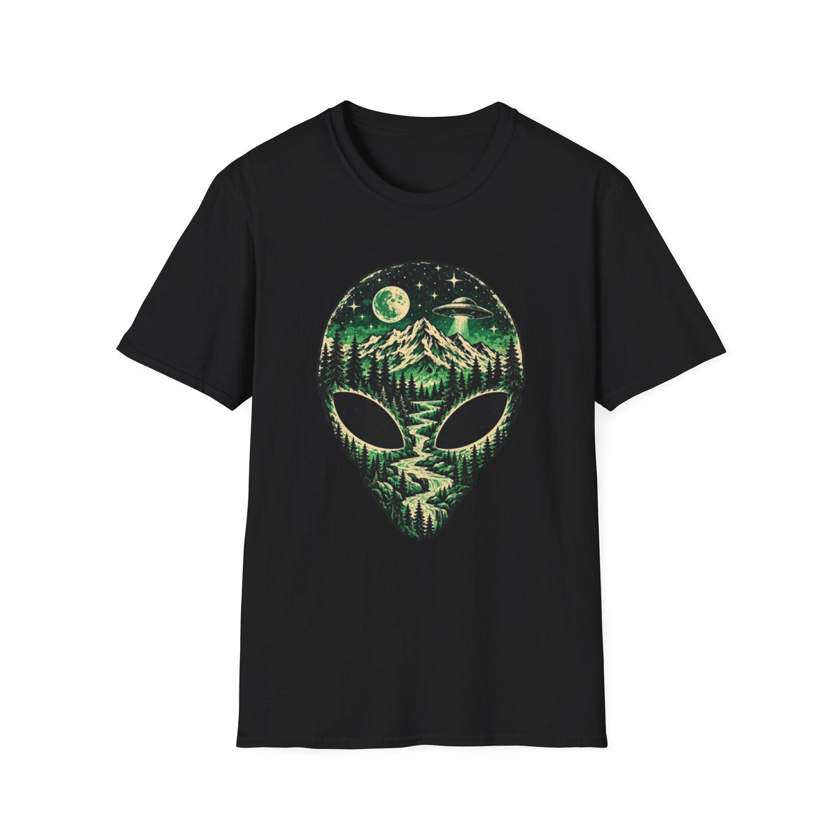 Mystical Mountain Alien T-Shirt – Retro UFO Lover Graphic Tee