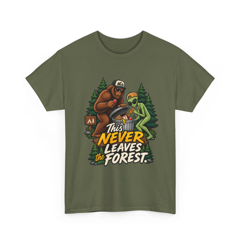 Bigfoot and Alien Illustration Tee | This Never Leaves the Forest, Forest Graphic Shirt