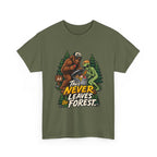 Bigfoot and Alien Illustration Tee | This Never Leaves the Forest, Forest Graphic Shirt