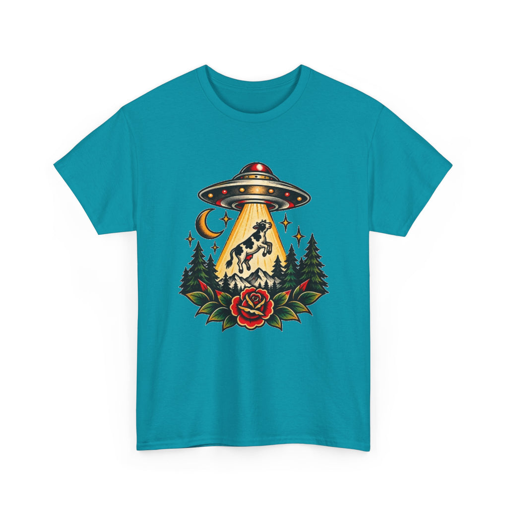 UFO Abduction Tee — Retro Alien Tractor Beam with Deer & Forest Tattoo Art
