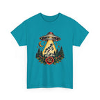 UFO Abduction Tee — Retro Alien Tractor Beam with Deer & Forest Tattoo Art