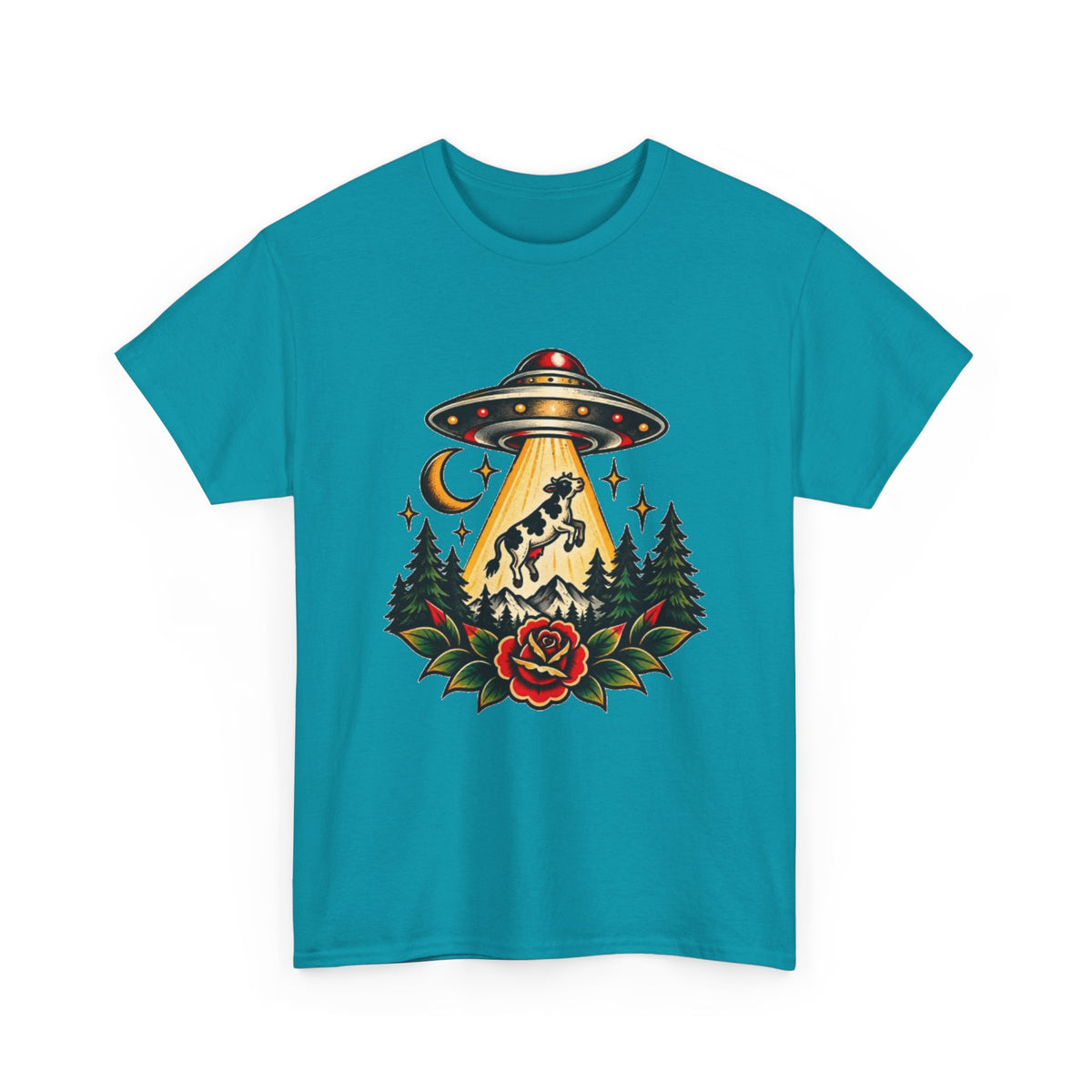 UFO Abduction Tee — Retro Alien Tractor Beam with Deer & Forest Tattoo Art