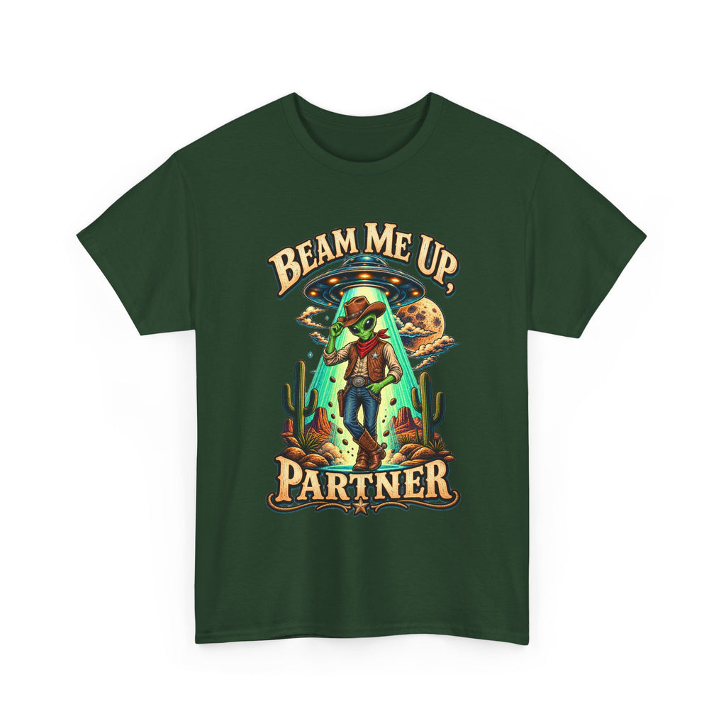Beam Me Up Partner T-Shirt | Cowboy Alien Desert Illustration