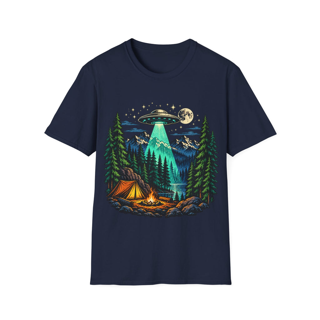 Camping UFO Abduction T-Shirt — Night Forest Tent & Alien Spaceship Graphic
