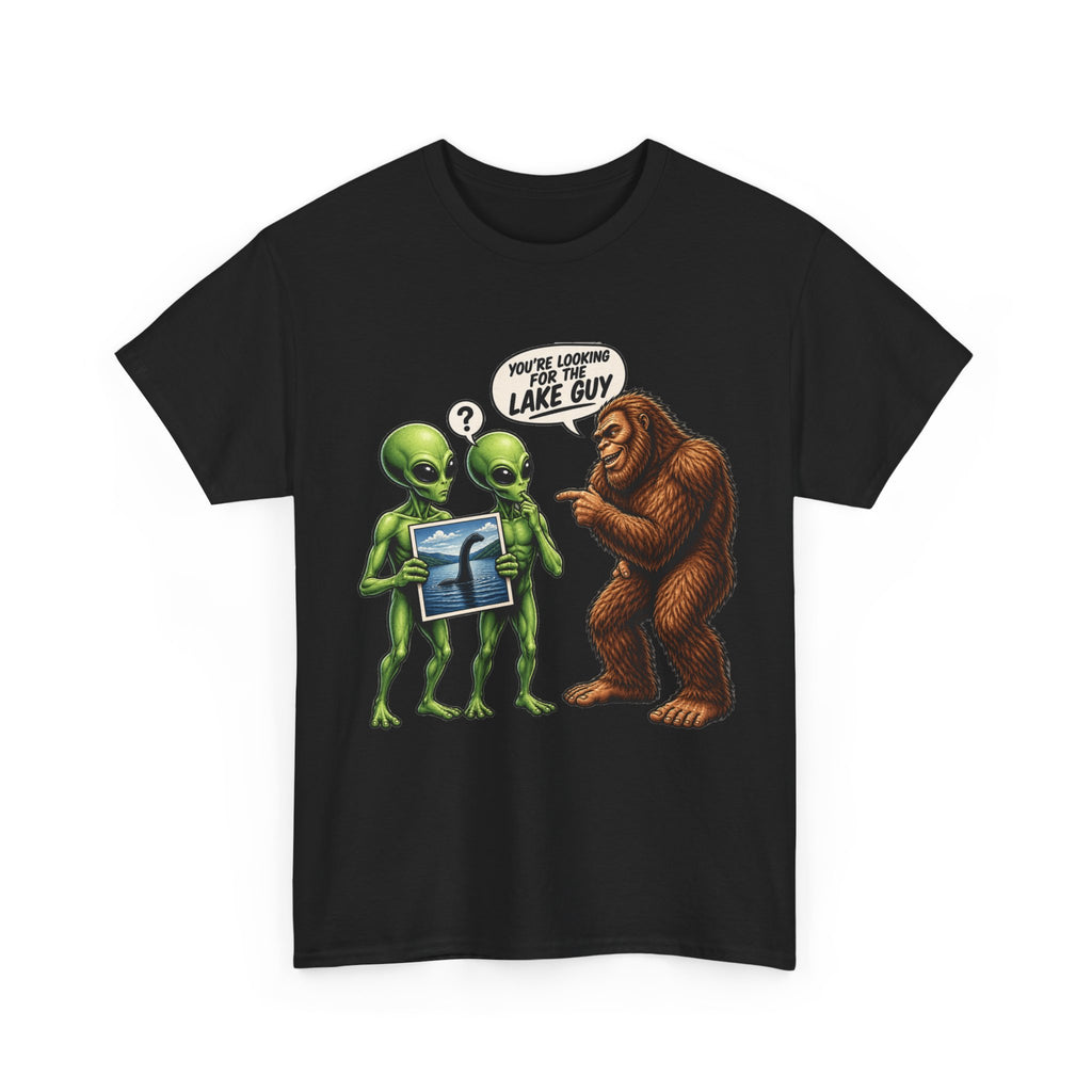 Alien Tourists Asking Bigfoot T-Shirt | Sasquatch, UFO, Funny Cryptid Design