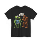 Alien Tourists Asking Bigfoot T-Shirt | Sasquatch, UFO, Funny Cryptid Design