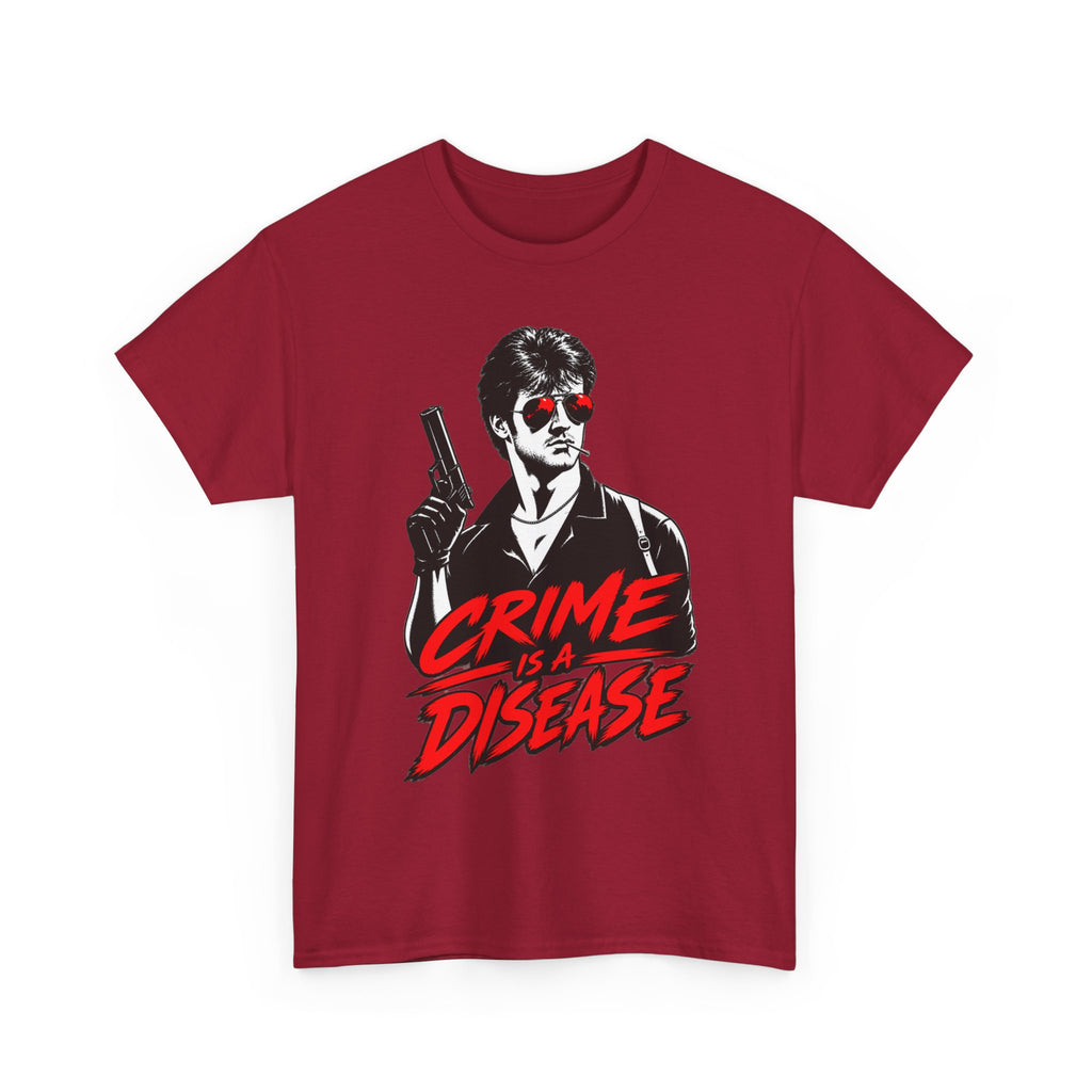 Crime Is a Disease shirt | Noir gunman graphic tee, red accent sunglasses